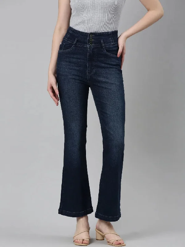 Women Navy Blue Solid Flared Denim Jeans-IM-10418-1-Navyblue