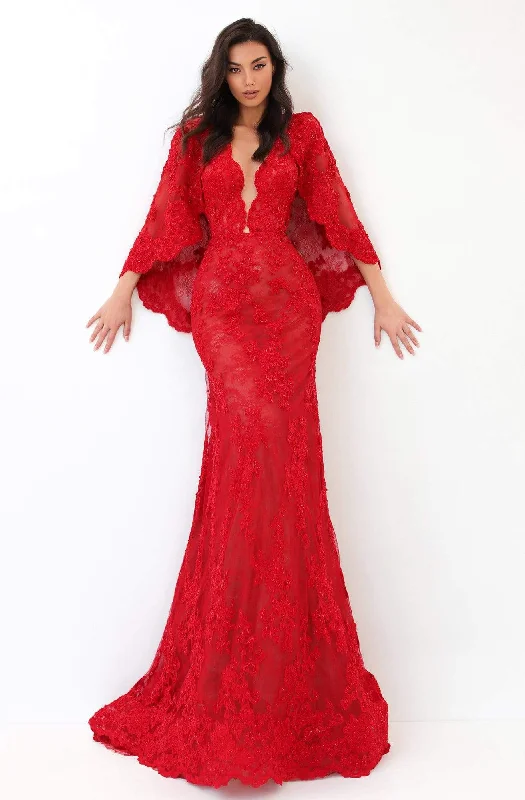Tarik Ediz - 93925 Cape Sleeves Embroidered Trumpet Gown Breathable unclassified dresses