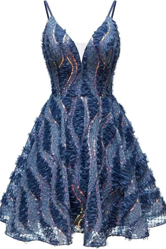 Dark Navy Sequins Spaghetti Straps V Neck Homecoming Dress Beaded unclassified dresses