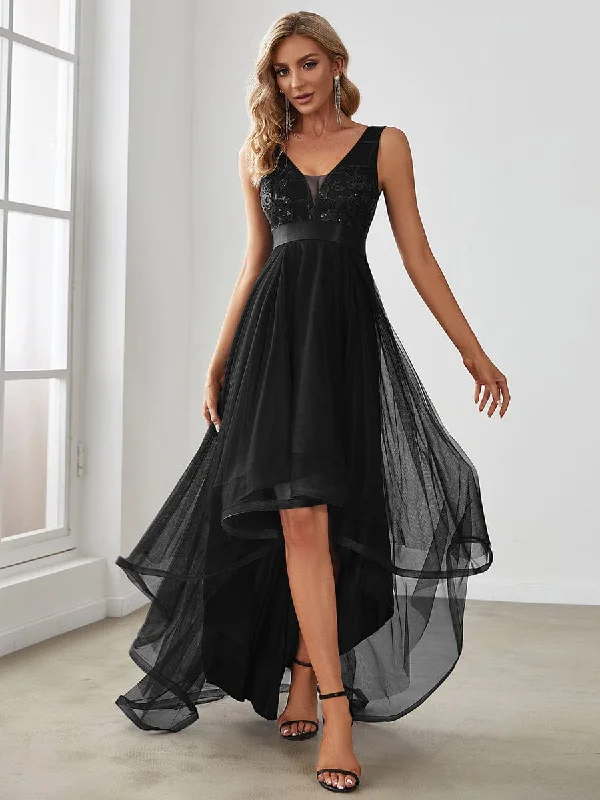Pearl | Fashion High-Low Deep V Neck Tulle Evening Dresses with Sequin Appliques Beaded unclassified dresses