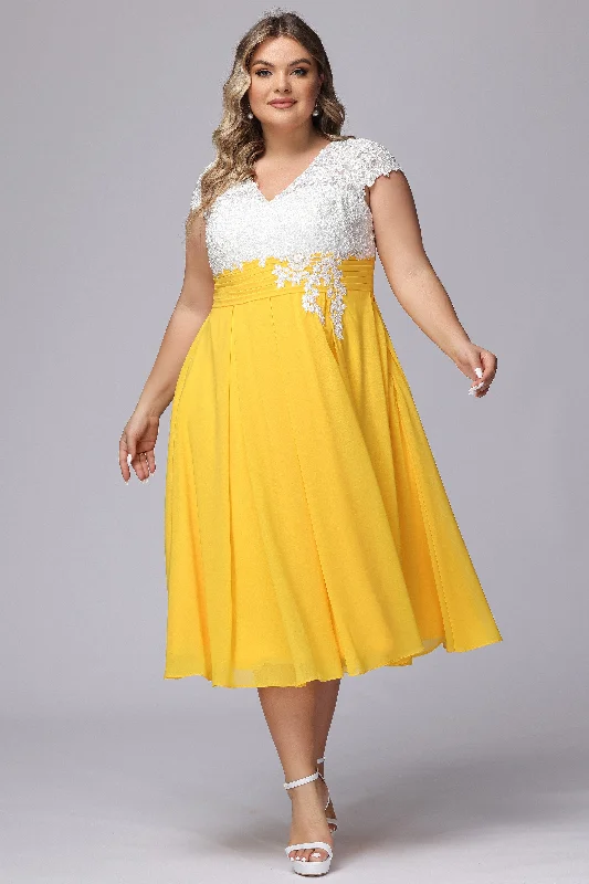 Elegant Lace Top Chiffon Tea-Length Mother of the Bride Dresses Boho unclassified dresses