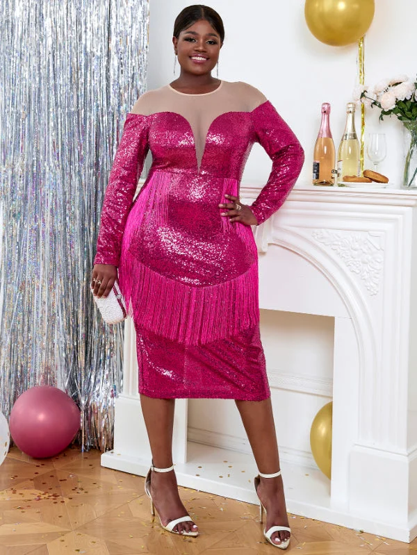 AOMEI Plus Size Fuchsia Sequin Tassel Dresses Midi Halter unclassified dresses