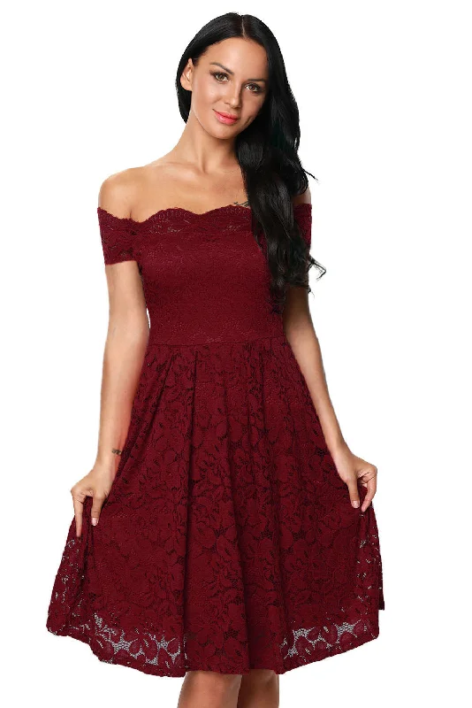 Sexy Wine Plus Size Scalloped Off Shoulder Flared Lace Dress Vacation unclassified dresses