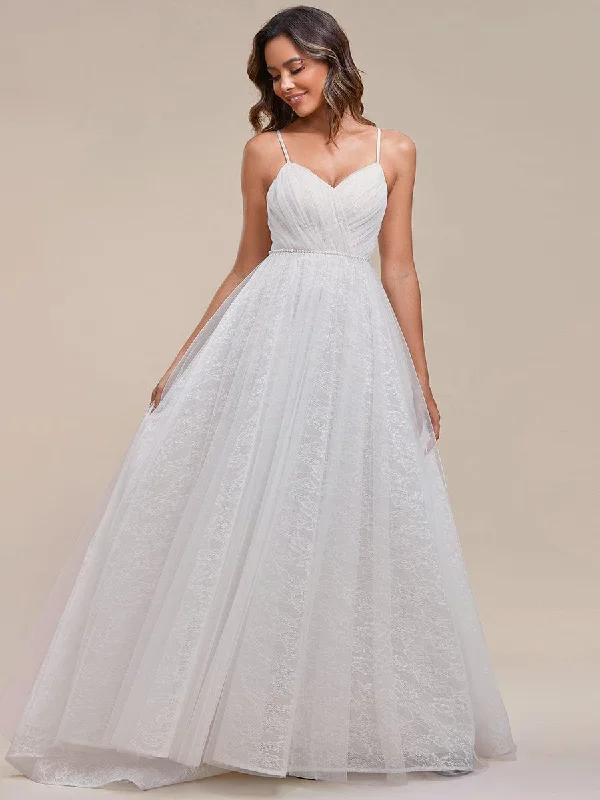 Spaghetti Strap Waist Pearl Sweetheart Collar Tulle Wedding Dress with Lace Stretchy unclassified dresses