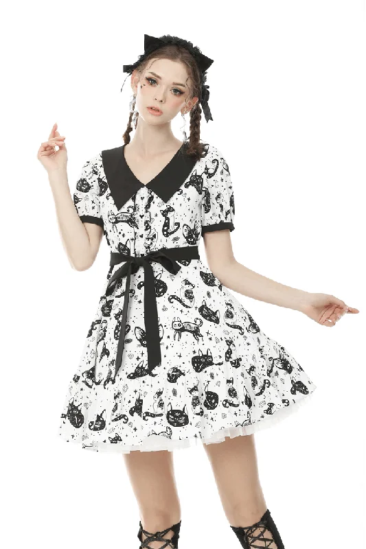 Stylish Cat Print Dress with Black Ribbon Detail Trendy unclassified dresses