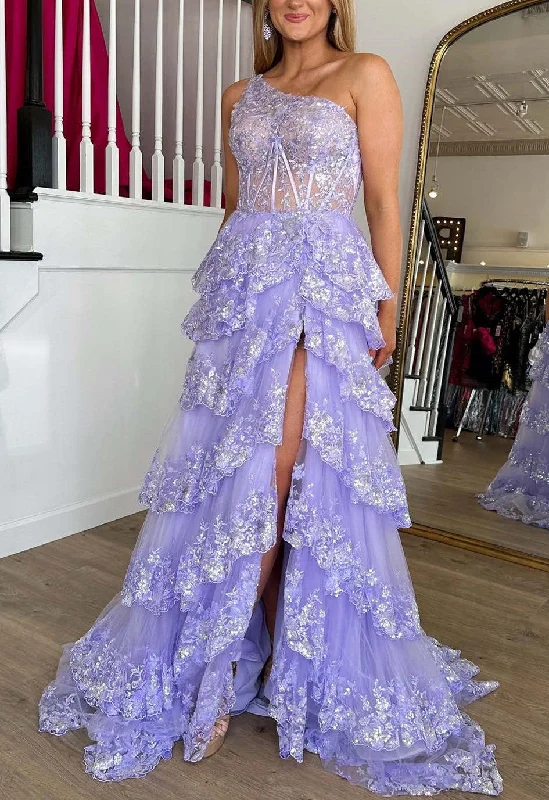 Charming A-Line Sequins One Shoulder Layered Long Prom Dress with Slit Discounted unclassified dresses