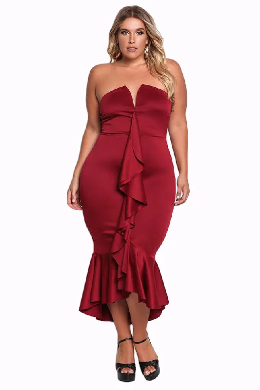 Sexy Wine Plus Size Strapless Cascading Ruffle Hi-Lo Dress Club unclassified dresses