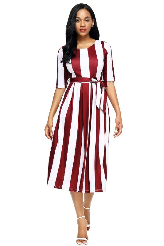 Sexy Wine Stripe Print Half Sleeve Belted Dress Earthy tone unclassified dresses
