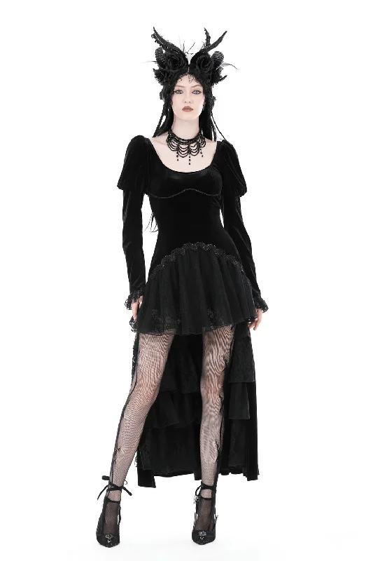 Women's Black Velvet Gothic High-Low Lace Hem Dress Holiday unclassified dresses