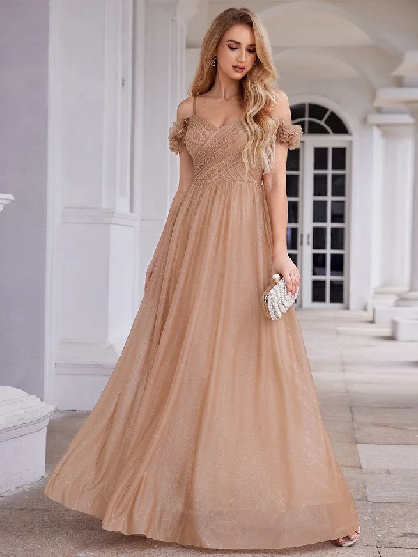 Sparkling V-Neck Floral Cold-Shoulder Evening Dress with Pleated Dark color unclassified dresses