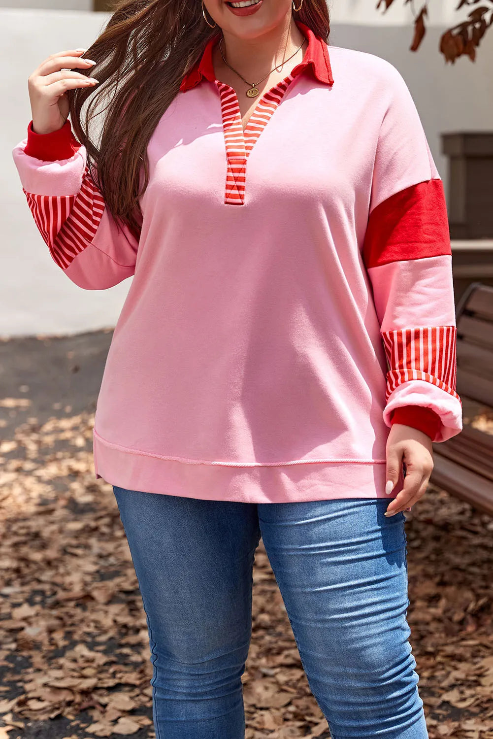Blue Zone Planet | Plus Size Color Block Johnny Collar Long Sleeve Sweatshirt Holiday unclassified dresses Blue Zone Planet | Plus Size Color Block Johnny Collar Long Sleeve Sweatshirt Holiday unclassified dresses