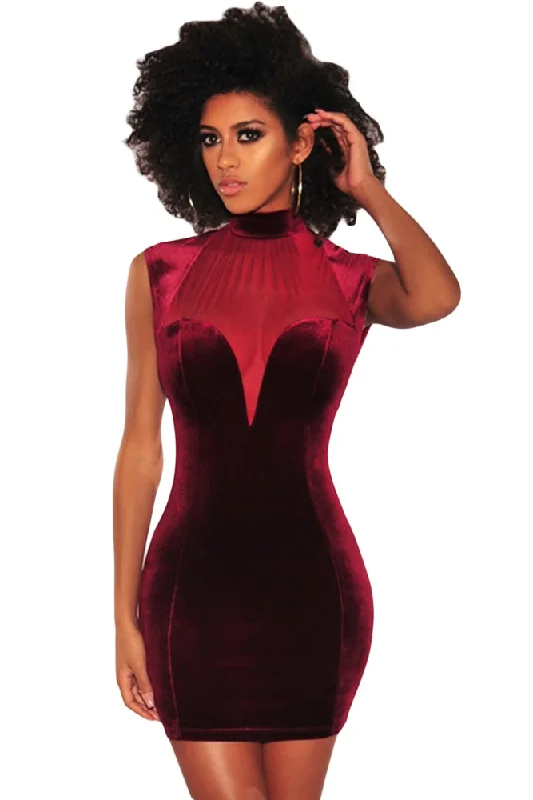 Sexy Wine Mesh Bustier Velvet Mock Neck Dress Trendy new unclassified dresses