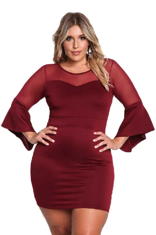 Sexy Wine Red Plus Size Mesh Trim Bell Sleeve Bodycon Dress Date night unclassified dresses