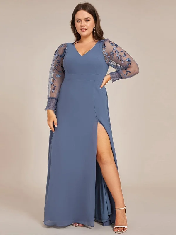 Diane | Plus Size High Slit Embroidered Long Sleeve Chiffon Formal Evening Dress Best-selling unclassified dresses