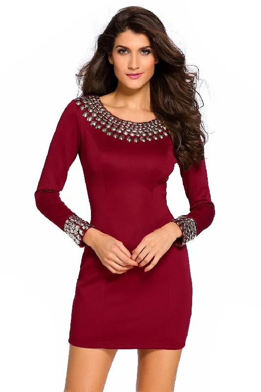 Sexy Wine Sexy Round Neck Long Sleeve Bodycon Studded Dress Winter unclassified dresses