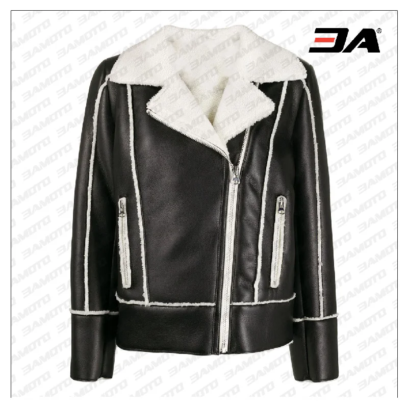 Black Fur Trimmed Zip-up Biker Jacket Women's denim jackets
