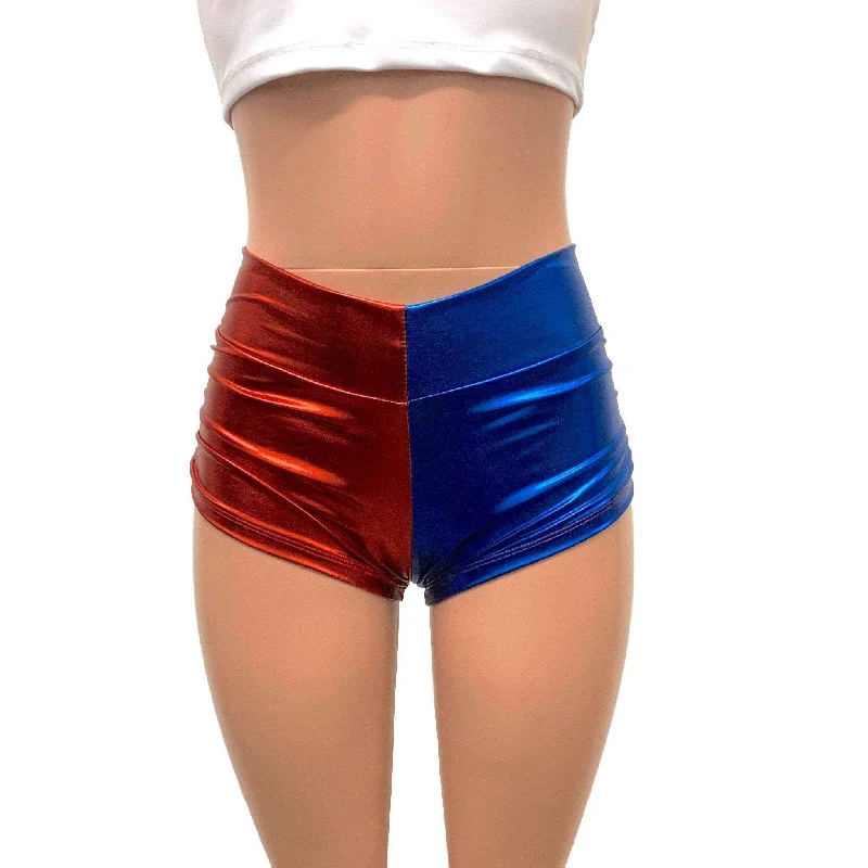 Harley Quinn Mid-Rise Ruched Booty Shorts in Blue/Red or Black/Red High-Waist Cargo Shorts