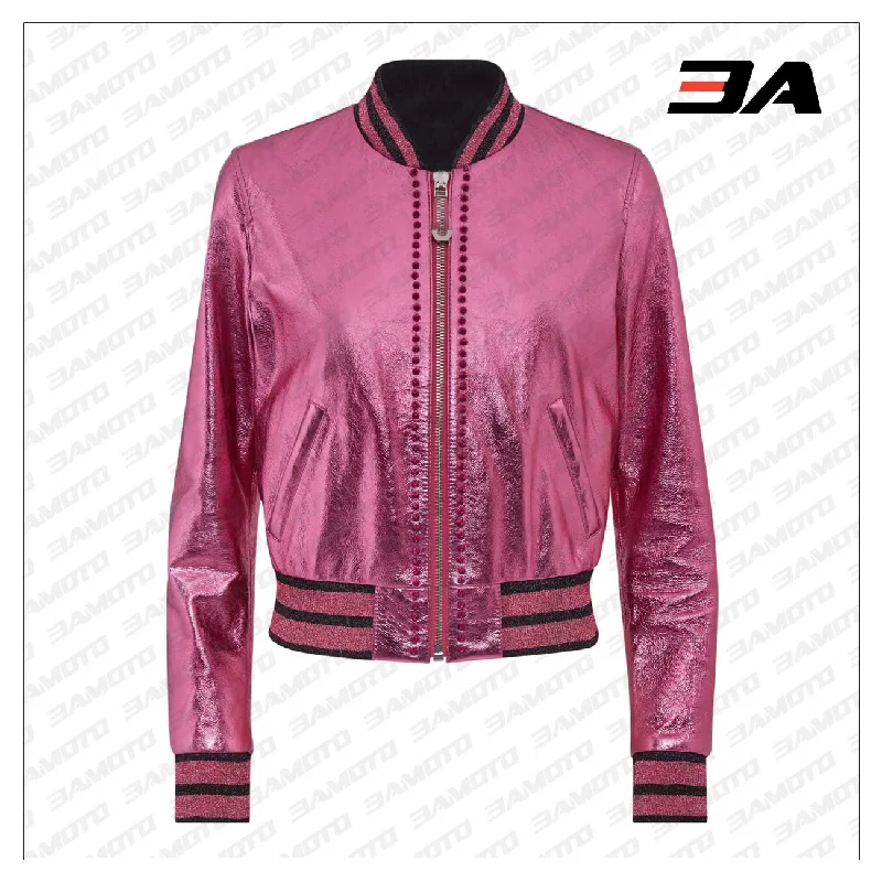 Pink Metallic Bomber Studded Biker Jacket Women's college jackets