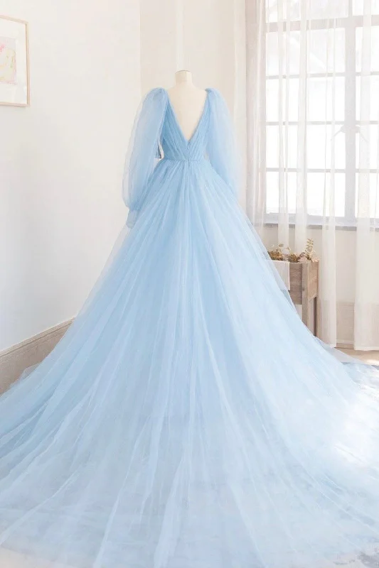 Blue V-Neck Tulle Long Prom Dress, Long Sleeve A-Line Evening Party Dress Chic party dresses