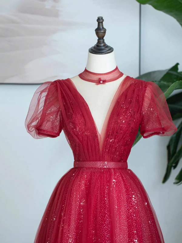 Burgundy Tulle Sequins Tea Length Prom Dress, A-Line Evening Party Dress Men's party outfits