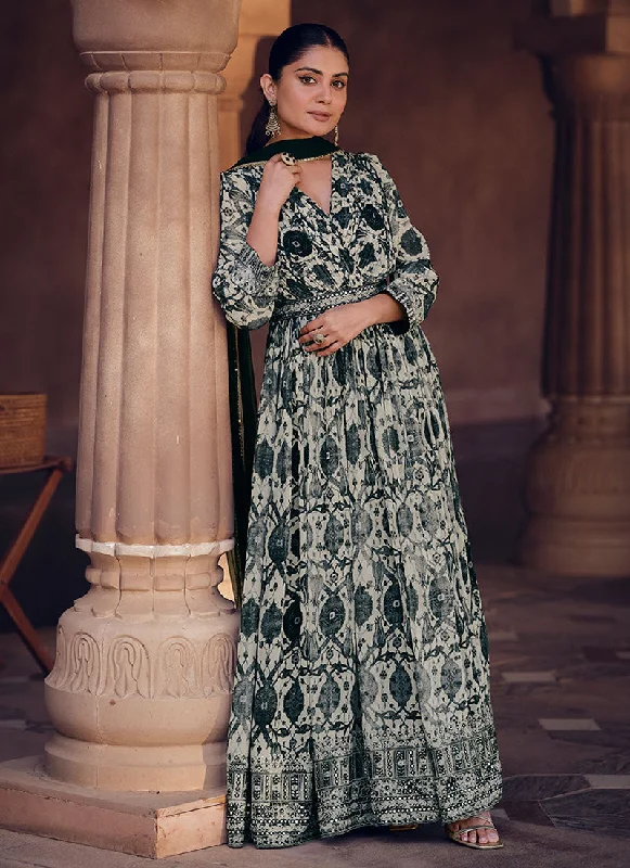 Black And White Digital Printed Sequence Embroidered Anarkali Gown Empire Waist Dress