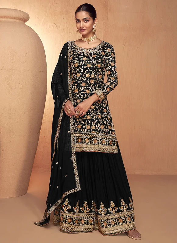 Black Multi Embroidery Gharara Style Palazzo Suit Simple Satin Gown