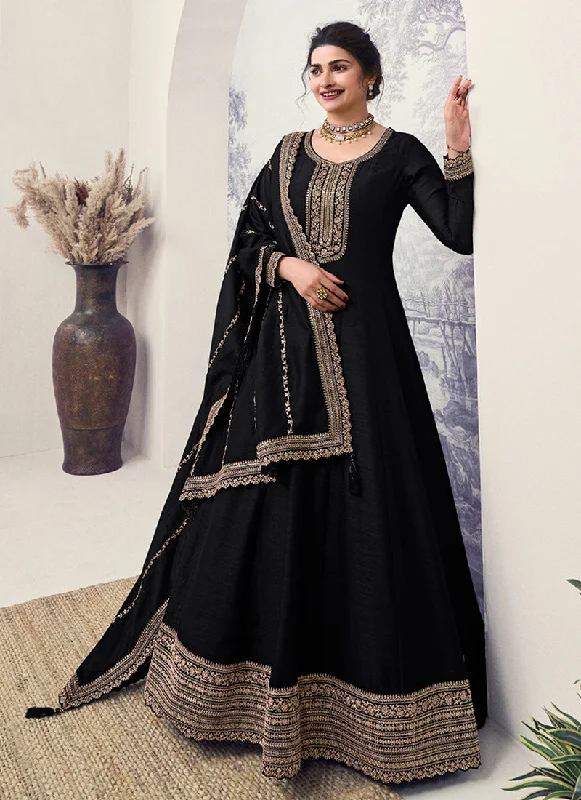 Black Reshamkari Embroidery Wedding Anarkali Suit Sexy Satin Gown