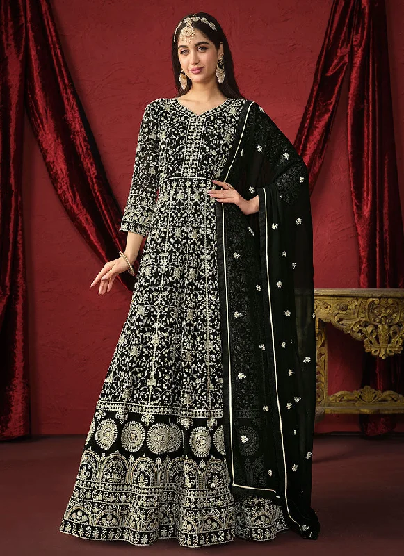 Black Thread Embroidery Designer Anarkali Suit Silk Wedding Gown