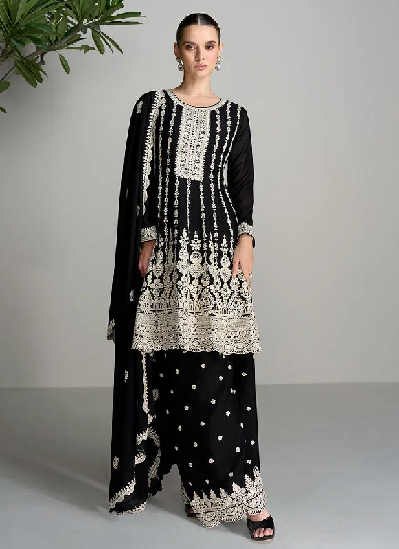 Black Thread Embroidery Traditional Anarkali Palazzo Suit Chic Lace Dress