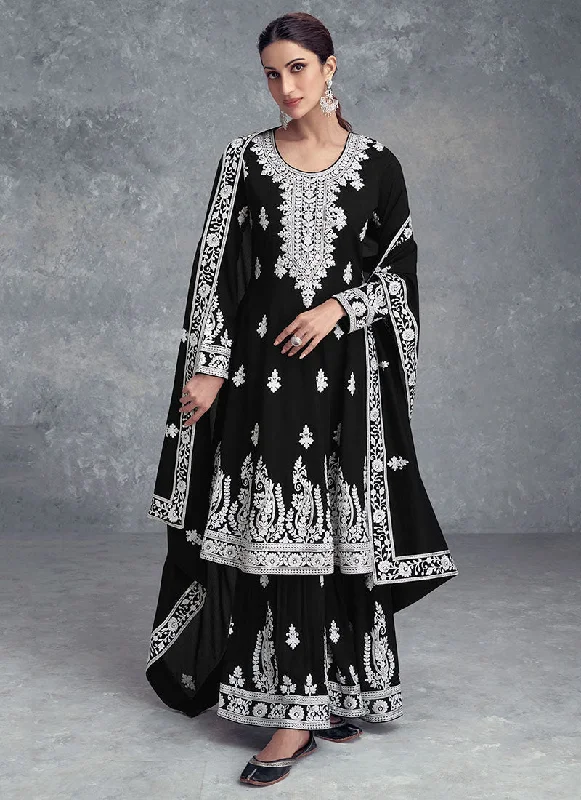 Black Thread Embroidery Wedding Anarkali Gharara Suit Lace Back Wedding