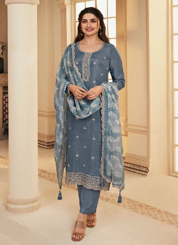 Blue Meenakari Embroidery Silk Salwar Kameez Suit Ball Gown Wedding