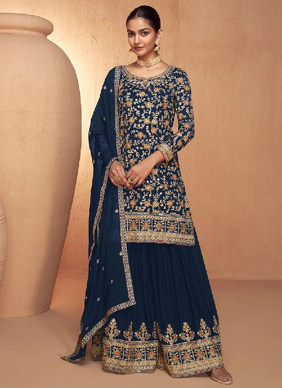 Blue Multi Embroidery Gharara Style Palazzo Suit Empire Waist Gown