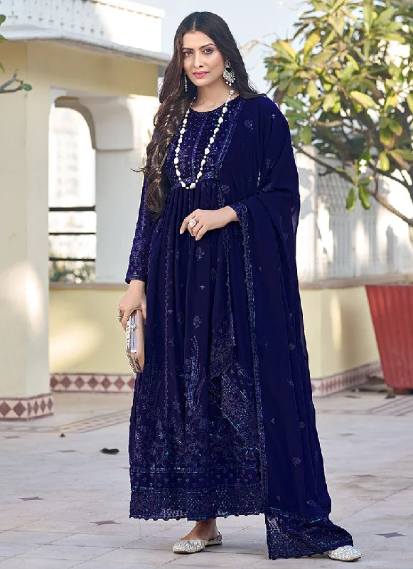 Blue Thread Embroidery Traditional Anarkali Suit Sparkle Bridal Dress