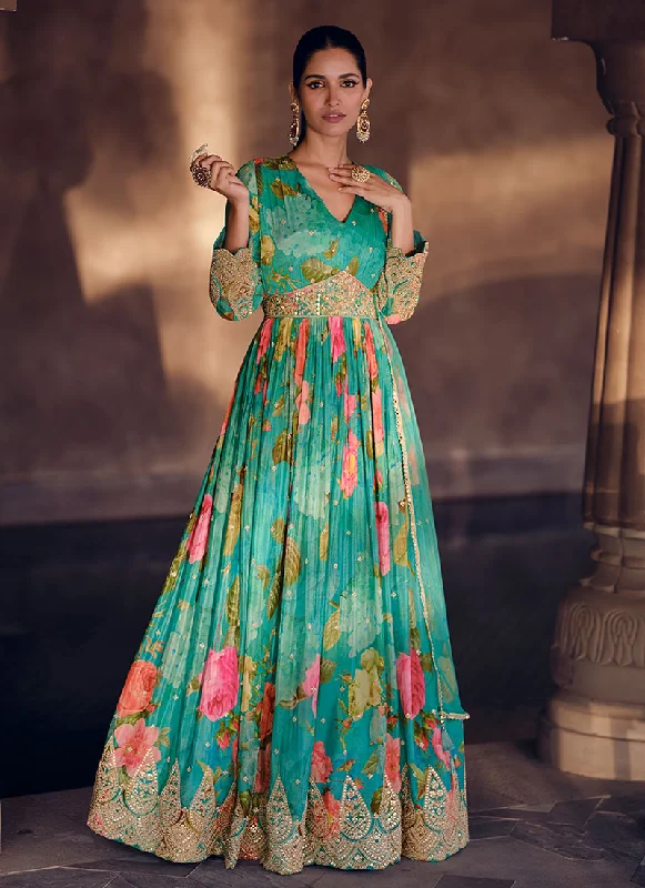 Cyan Blue Floral Printed Sequence Embroidered Anarkali Gown Strapless Wedding Gown
