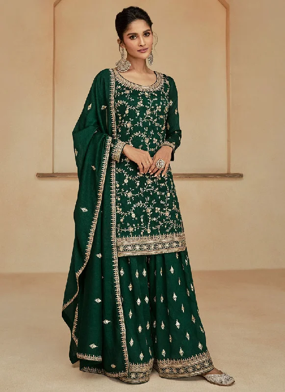 Dark Green Multi Embroidery Wedding Sharara Suit Boho Chic Gown