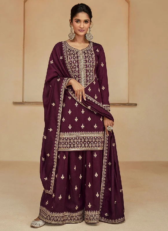 Deep Wine Multi Embroidery Wedding Sharara Suit Open Back Dress
