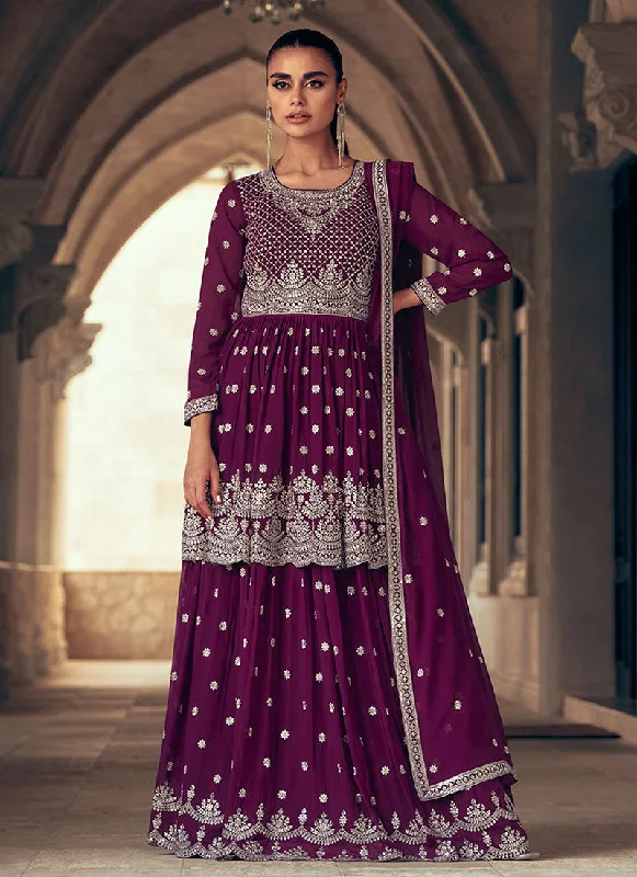 Deep Wine Reshamkari Embroidered Wedding Lehenga Kurti And Dupatta Luxury Lace Gown