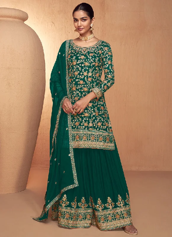 Green Multi Embroidery Gharara Style Palazzo Suit Tiered Wedding Dress