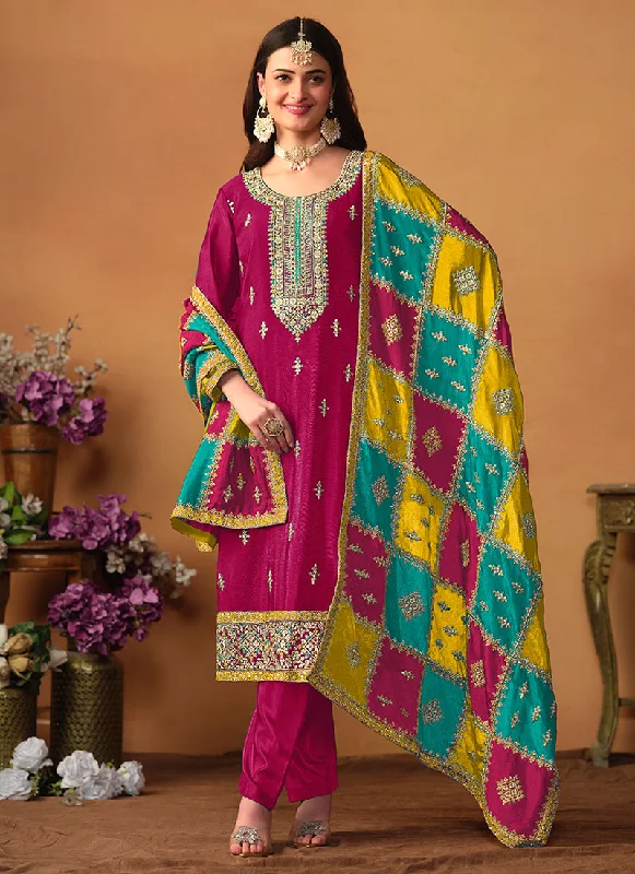 Magenta Multi Embroidery Traditional Pant Suit Sheer Wedding Dress
