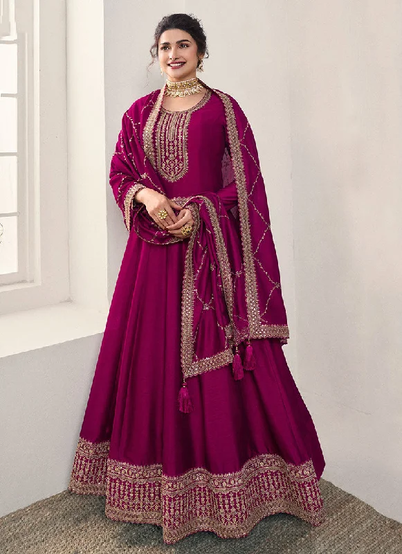 Magenta Reshamkari Embroidery Wedding Anarkali Suit Glitter Wedding Dress