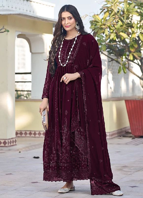 Maroon Thread Embroidery Traditional Anarkali Suit Sexy Wedding Dress