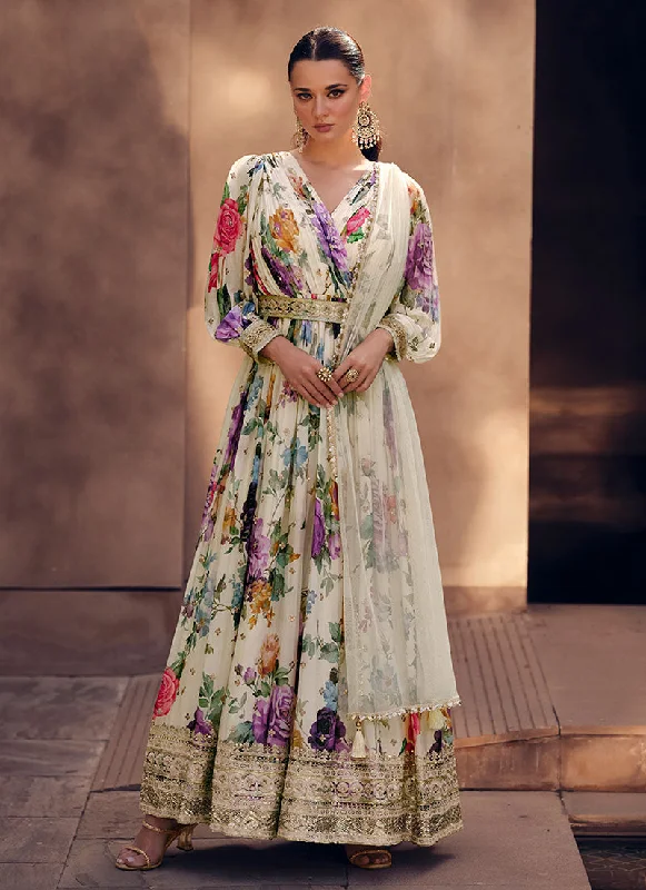 Off White Floral Printed Sequence Embroidered Anarkali Gown Wedding Dress Style