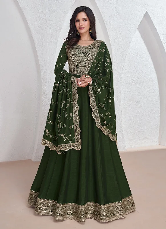 Olive Green Sequence Embroidery Anarkali Gown With Dupatta A-line Wedding Gown