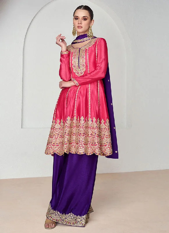 Pink And Purple Multi Embroidered Wedding Palazzo Suit Strapless Bridal Dress