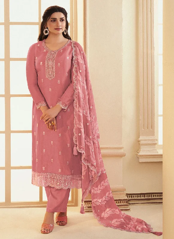 Pink Meenakari Embroidery Silk Salwar Kameez Suit Modern Lace Gown