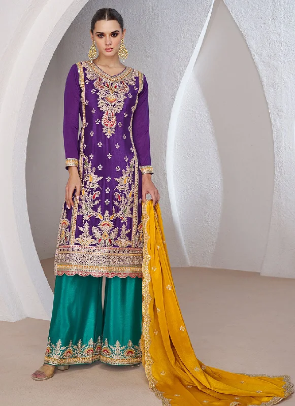 Purple And Green Embroidered Wedding Palazzo Suit Full Length Gown