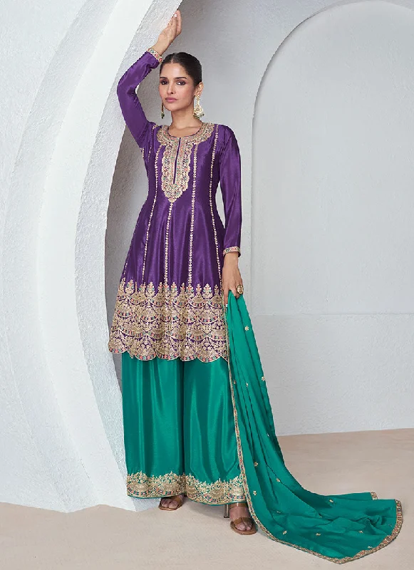 Purple And Green Multi Embroidered Wedding Palazzo Suit Floral Wedding Gown