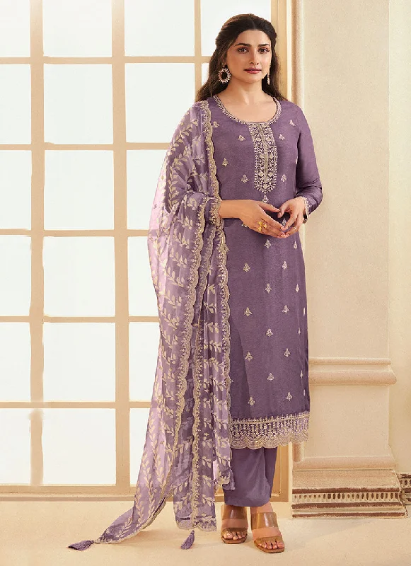 Purple Meenakari Embroidery Silk Salwar Kameez Suit Lace V-neck Dress