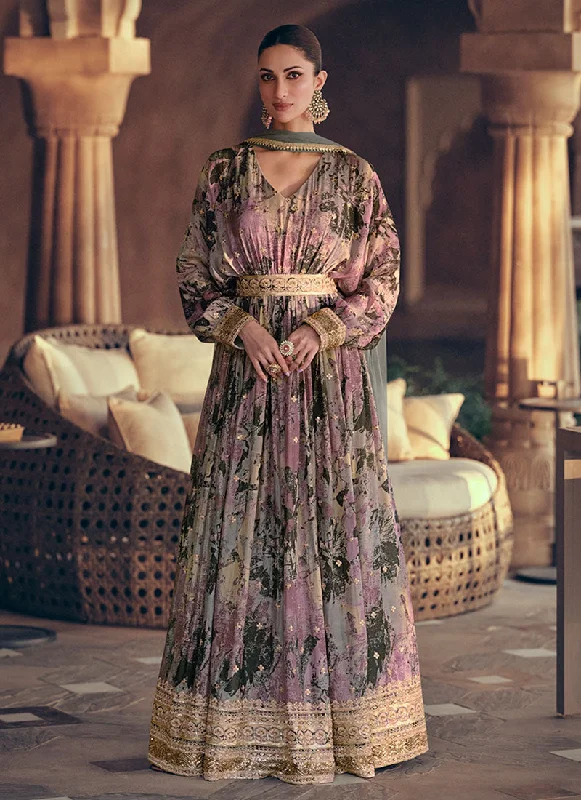 Purple Multi Digital Printed Sequence Embroidered Anarkali Gown Soft Lace Gown