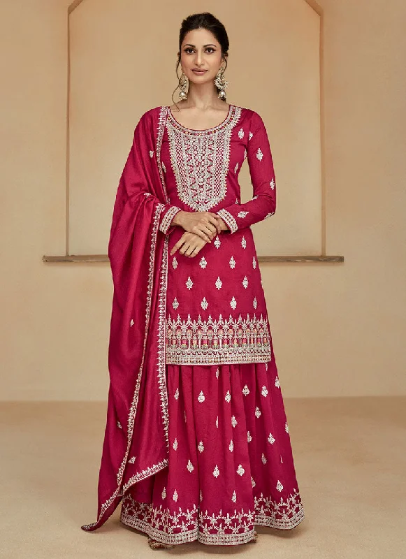 Rani Pink Multi Embroidery Wedding Sharara Suit Elegant Lace Gown